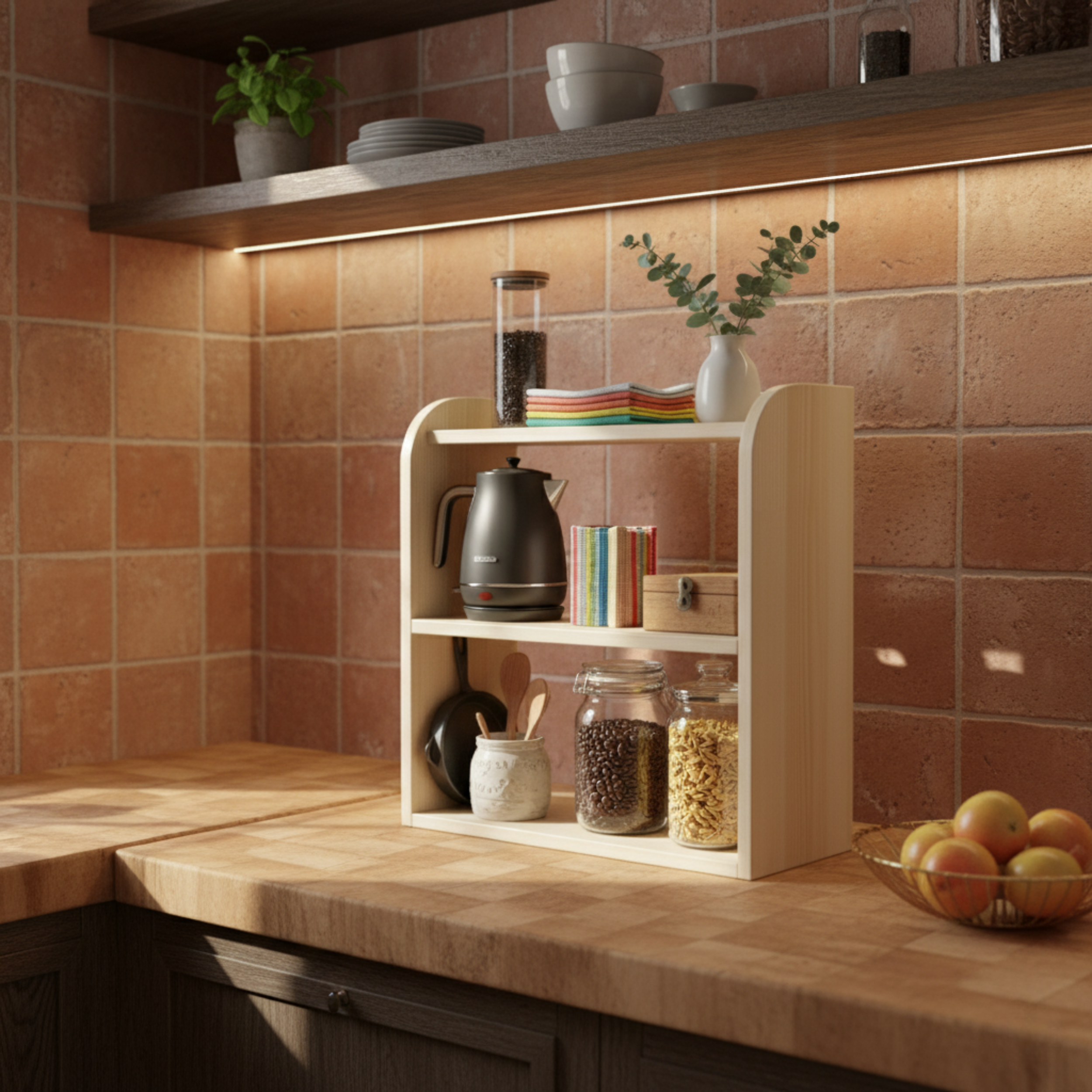 3 Katlı Ahşap Masa Rafı | Japandi Tarzı Çok Amaçlı Düzenleyici