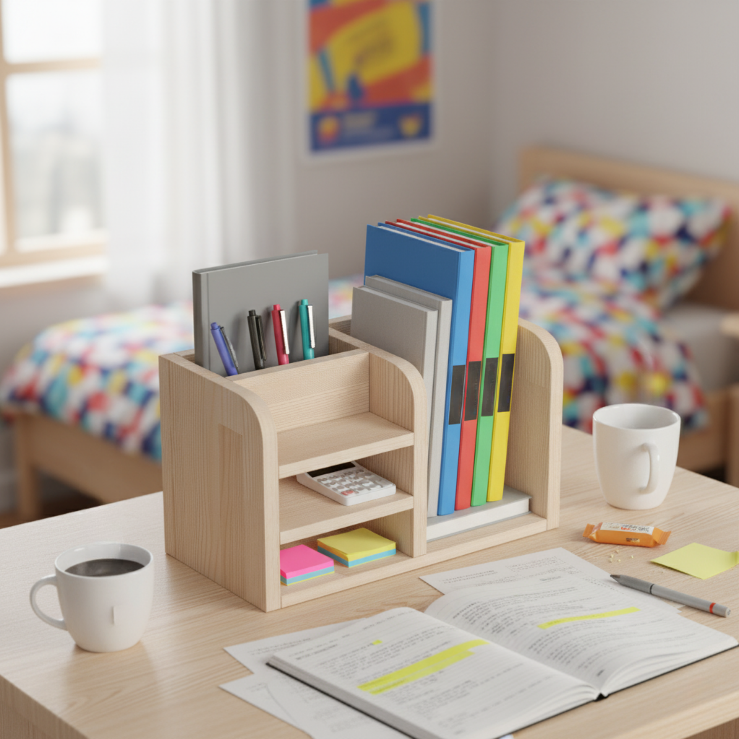 El Yapımı Ahşap Masaüstü Kitaplığı | İskandinav Tarzı Çalışma Masası Düzenleyici