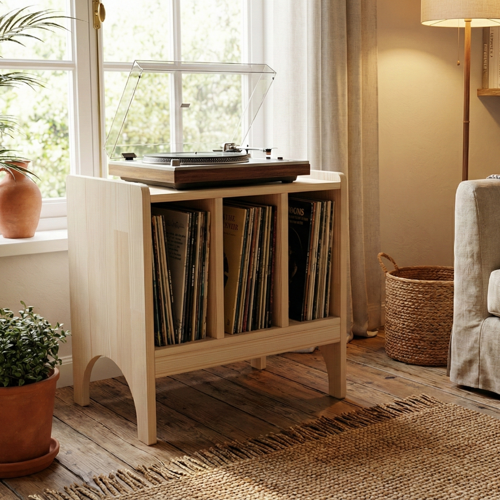 El Yapımı Masif Çam Plak Çalar Standı - Ahşap Vinyl Sehpası