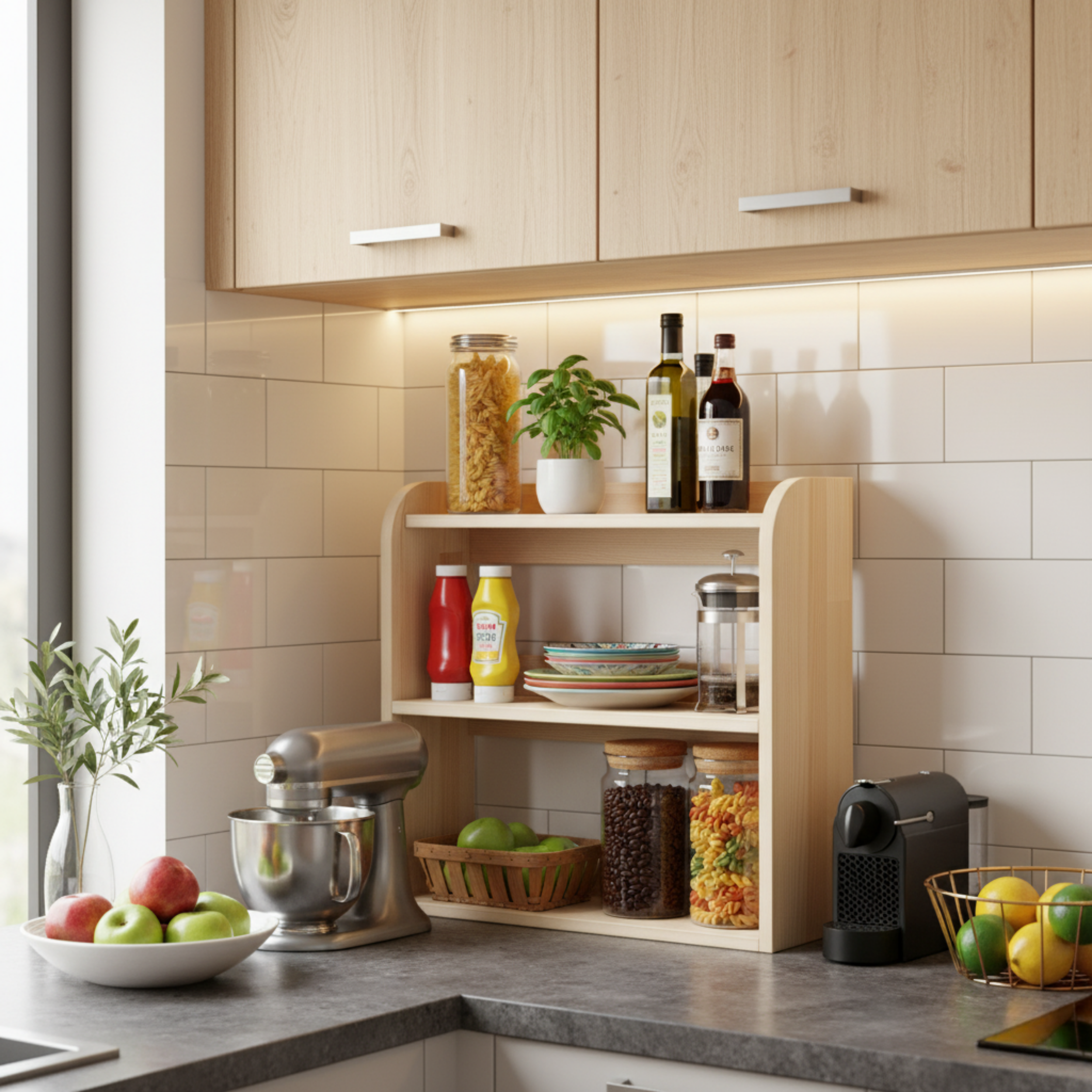 3 Katlı Ahşap Masa Rafı | Japandi Tarzı Çok Amaçlı Düzenleyici