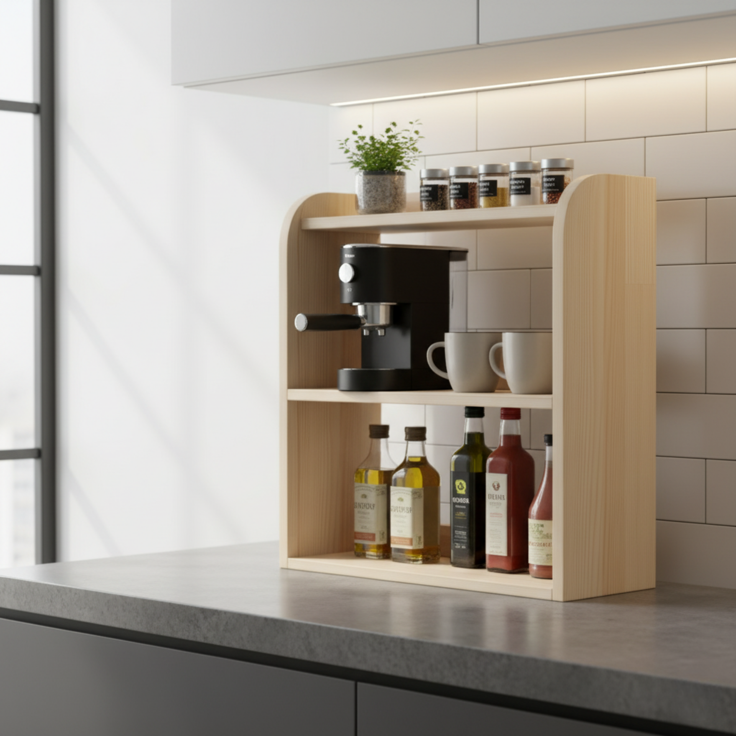 3 Katlı Ahşap Masa Rafı | Japandi Tarzı Çok Amaçlı Düzenleyici