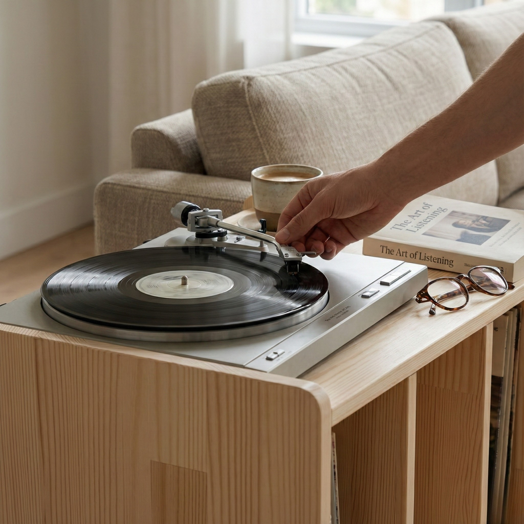 El Yapımı Masif Çam Plak Çalar Standı - Ahşap Vinyl Sehpası