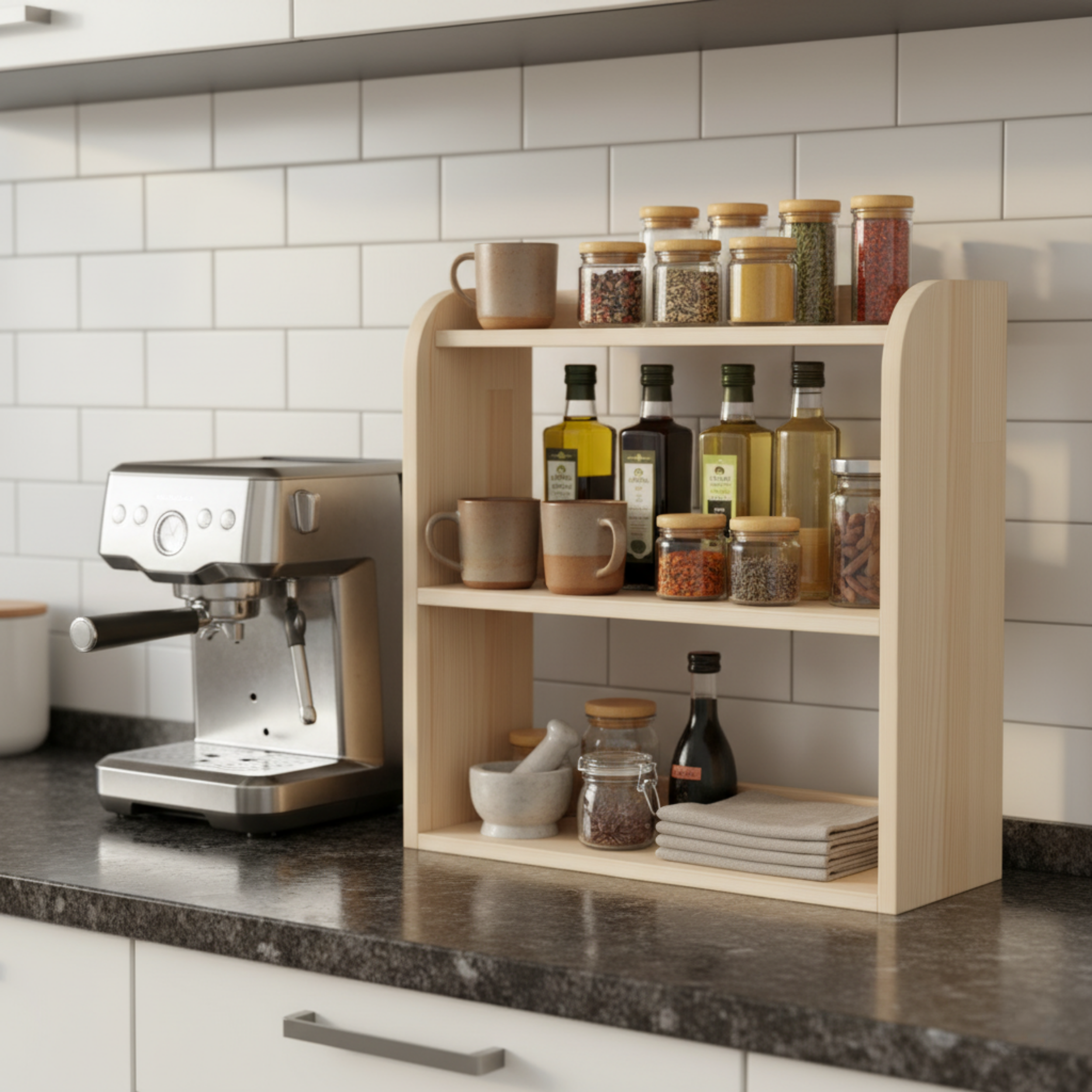 3 Katlı Ahşap Masa Rafı | Japandi Tarzı Çok Amaçlı Düzenleyici