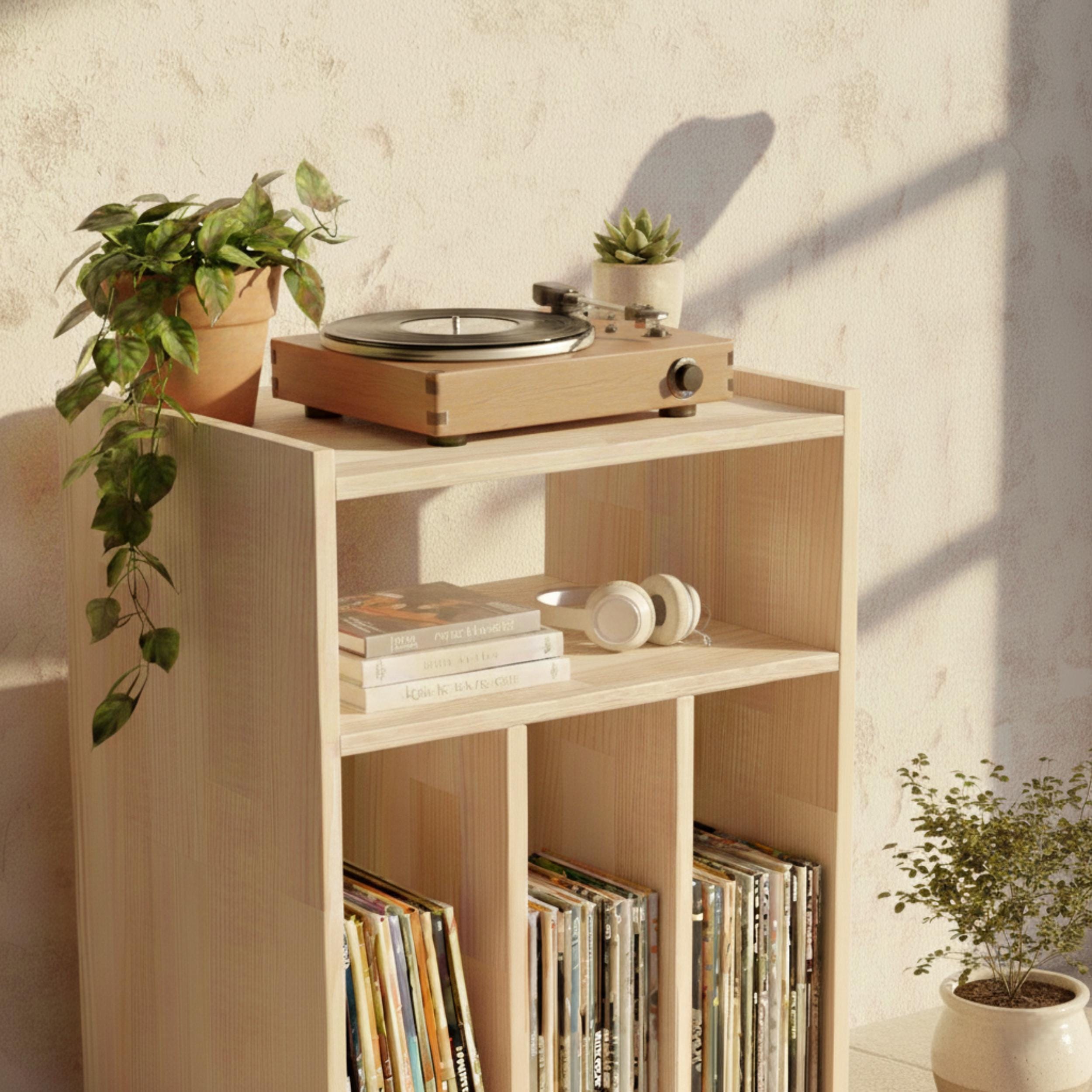 Ahşap Plak Çalar Standı & Vinil Plak Dolabı | Retro Pikap Sehpası | Mid-Century Modern Ses Sistemi Rafı