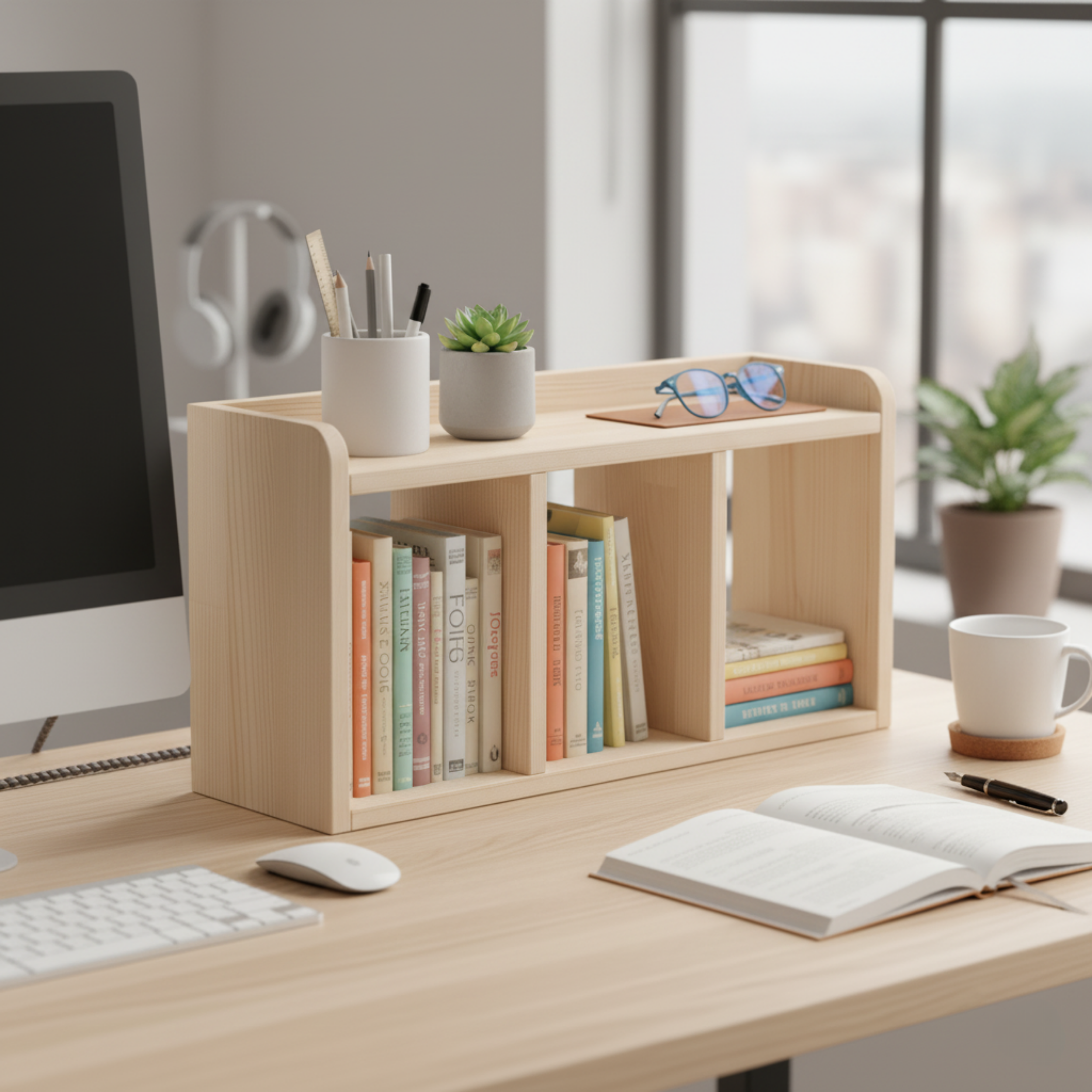 El Yapımı Ahşap Masaüstü Kitaplığı | İskandinav Tarzı Minimalist Düzenleyici