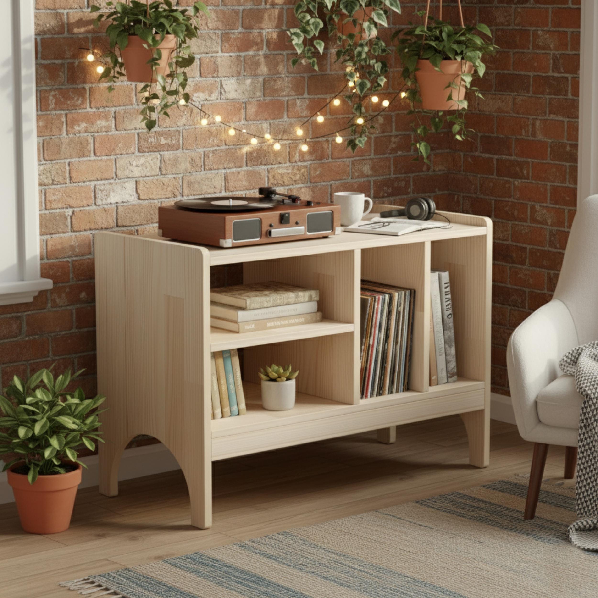 Masif Ahşap Plak Çalar Standı & Vinil Saklama Dolabı | Mid-Century Modern Ses Sistemi Rafı