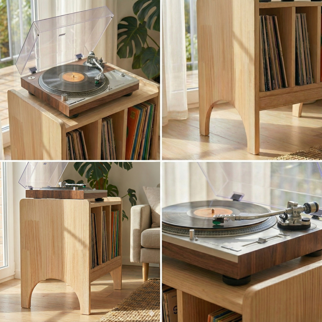El Yapımı Masif Çam Plak Çalar Standı - Ahşap Vinyl Sehpası