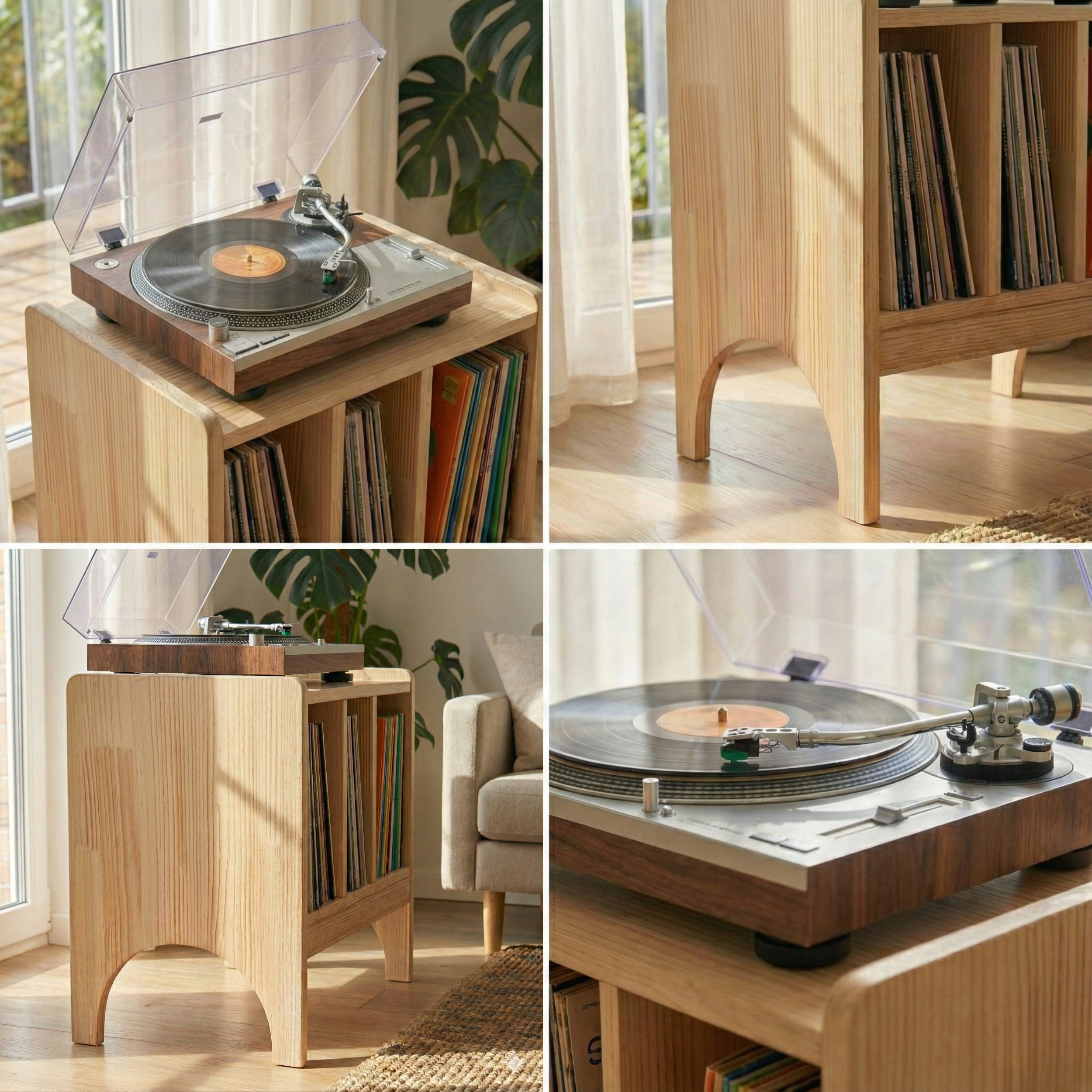 El Yapımı Masif Çam Plak Çalar Standı - Ahşap Vinyl Sehpası