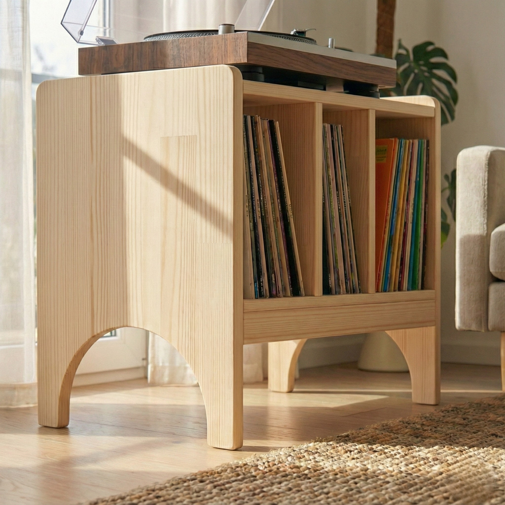 El Yapımı Masif Çam Plak Çalar Standı - Ahşap Vinyl Sehpası