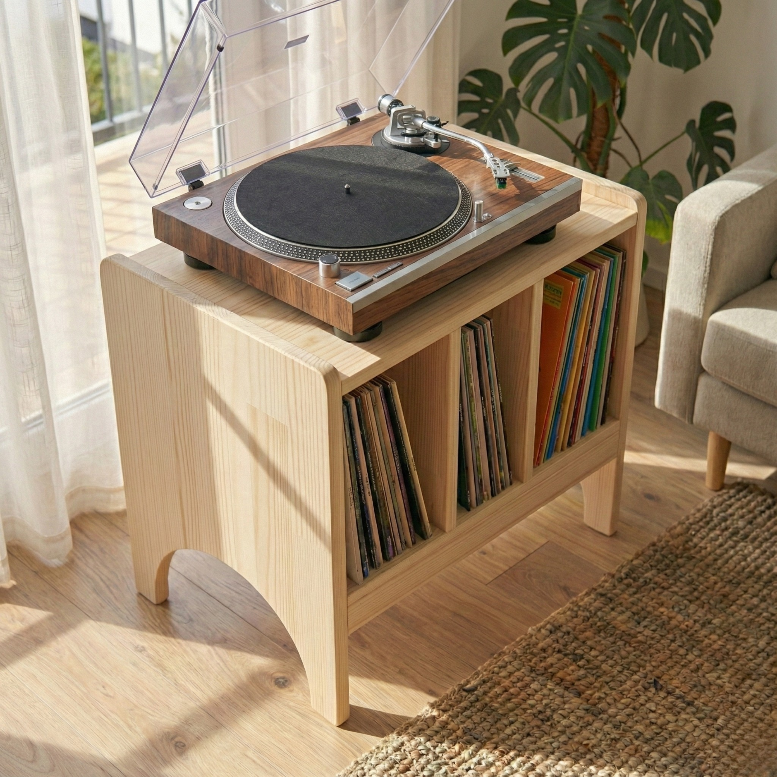 El Yapımı Masif Çam Plak Çalar Standı - Ahşap Vinyl Sehpası