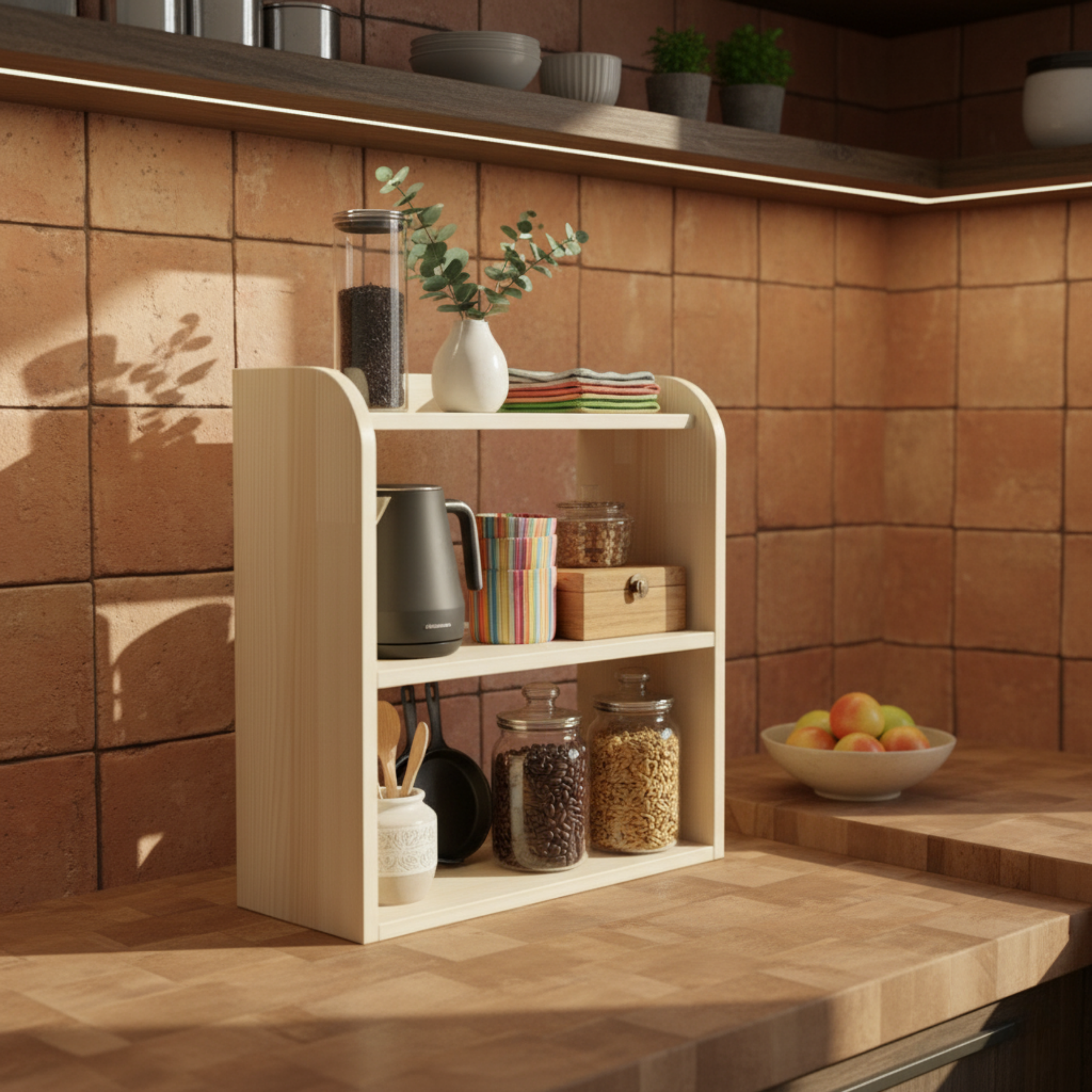 3 Katlı Ahşap Masa Rafı | Japandi Tarzı Çok Amaçlı Düzenleyici