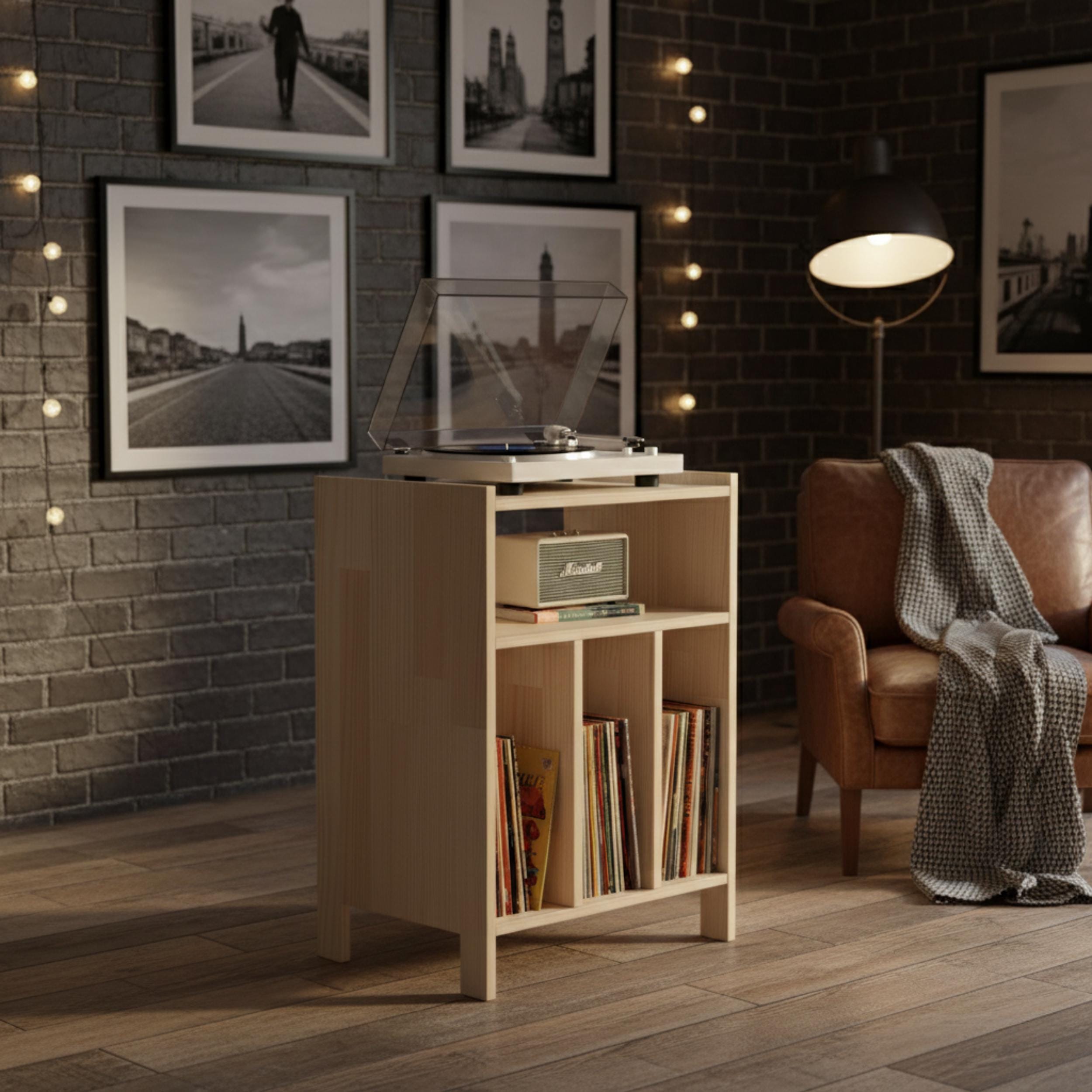 Ahşap Plak Çalar Standı & Vinil Plak Dolabı | Retro Pikap Sehpası | Mid-Century Modern Ses Sistemi Rafı