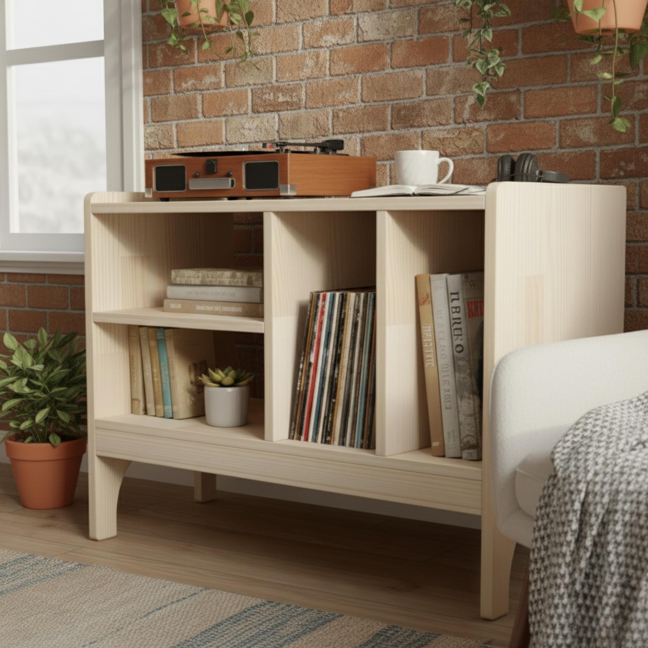 Masif Ahşap Plak Çalar Standı & Vinil Saklama Dolabı | Mid-Century Modern Ses Sistemi Rafı