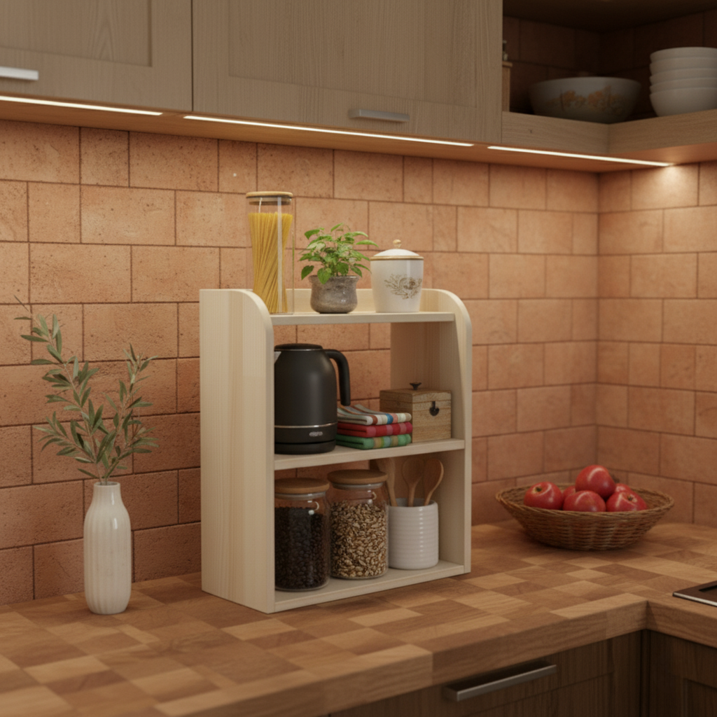 3 Katlı Ahşap Masa Rafı | Japandi Tarzı Çok Amaçlı Düzenleyici