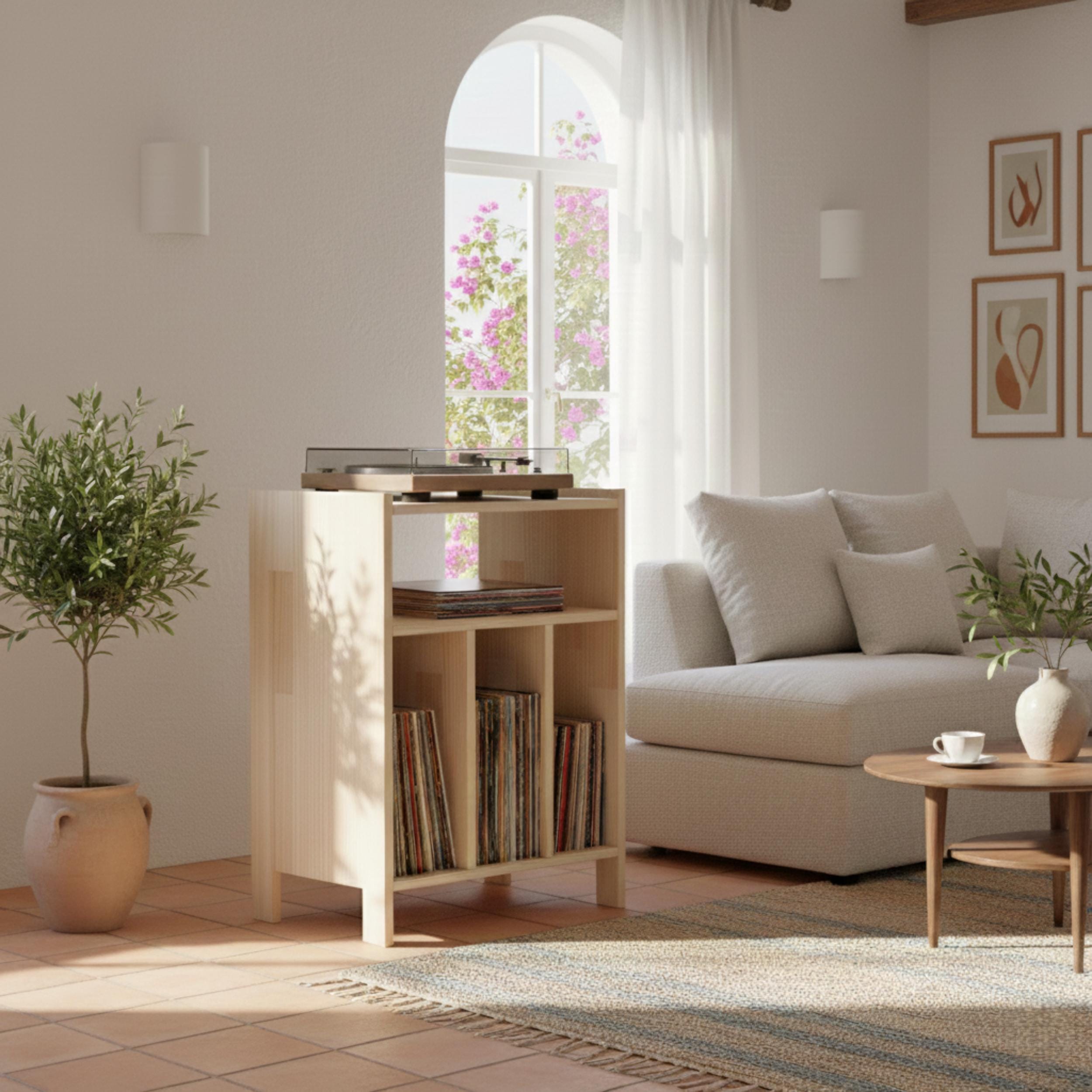 Ahşap Plak Çalar Standı & Vinil Plak Dolabı | Retro Pikap Sehpası | Mid-Century Modern Ses Sistemi Rafı