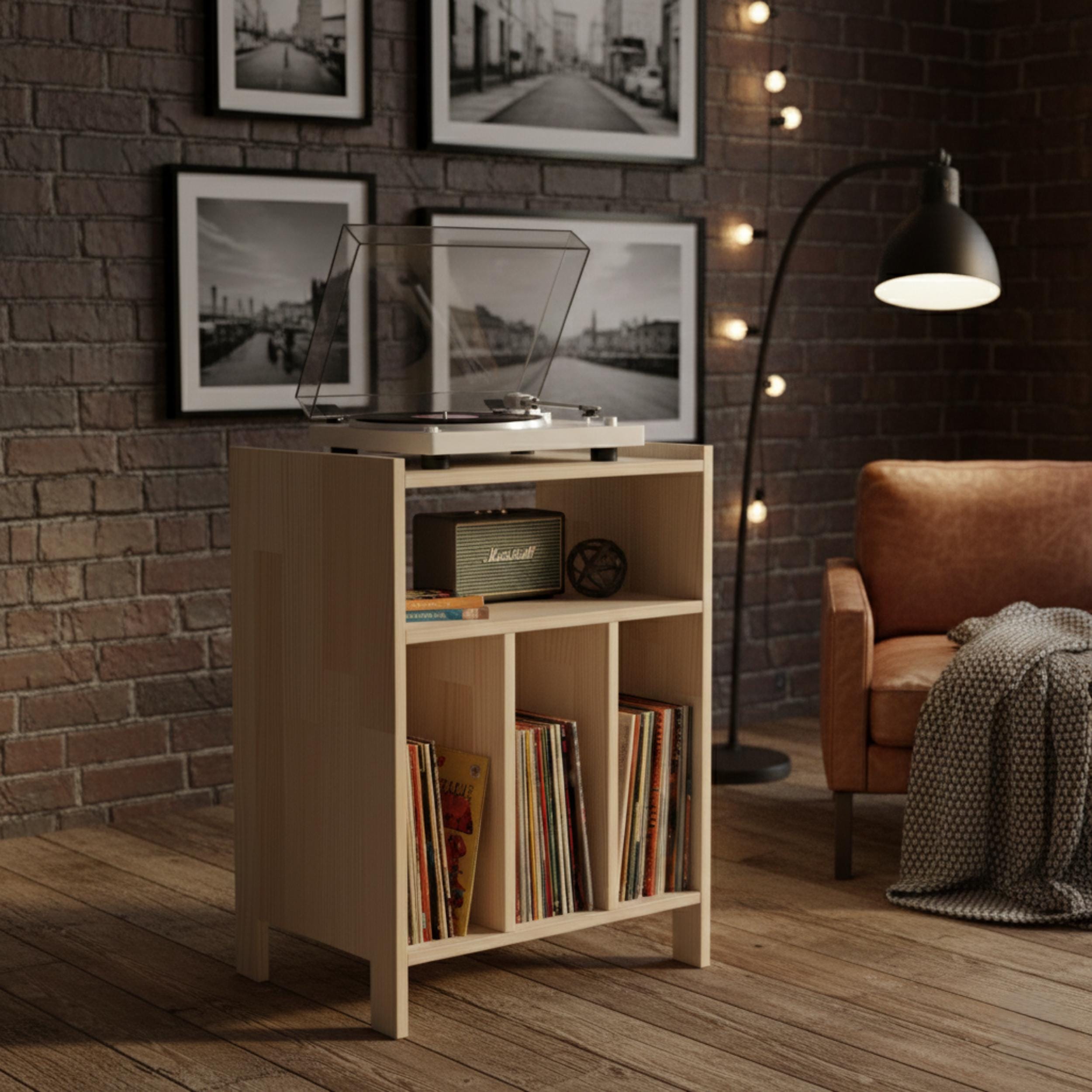 Ahşap Plak Çalar Standı & Vinil Plak Dolabı | Retro Pikap Sehpası | Mid-Century Modern Ses Sistemi Rafı