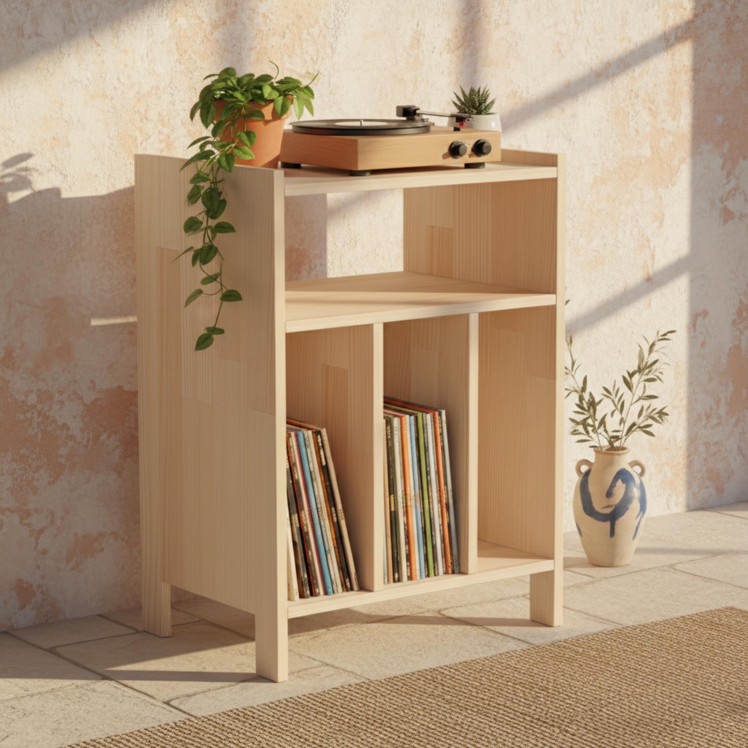 Ahşap Plak Çalar Standı & Vinil Plak Dolabı | Retro Pikap Sehpası | Mid-Century Modern Ses Sistemi Rafı