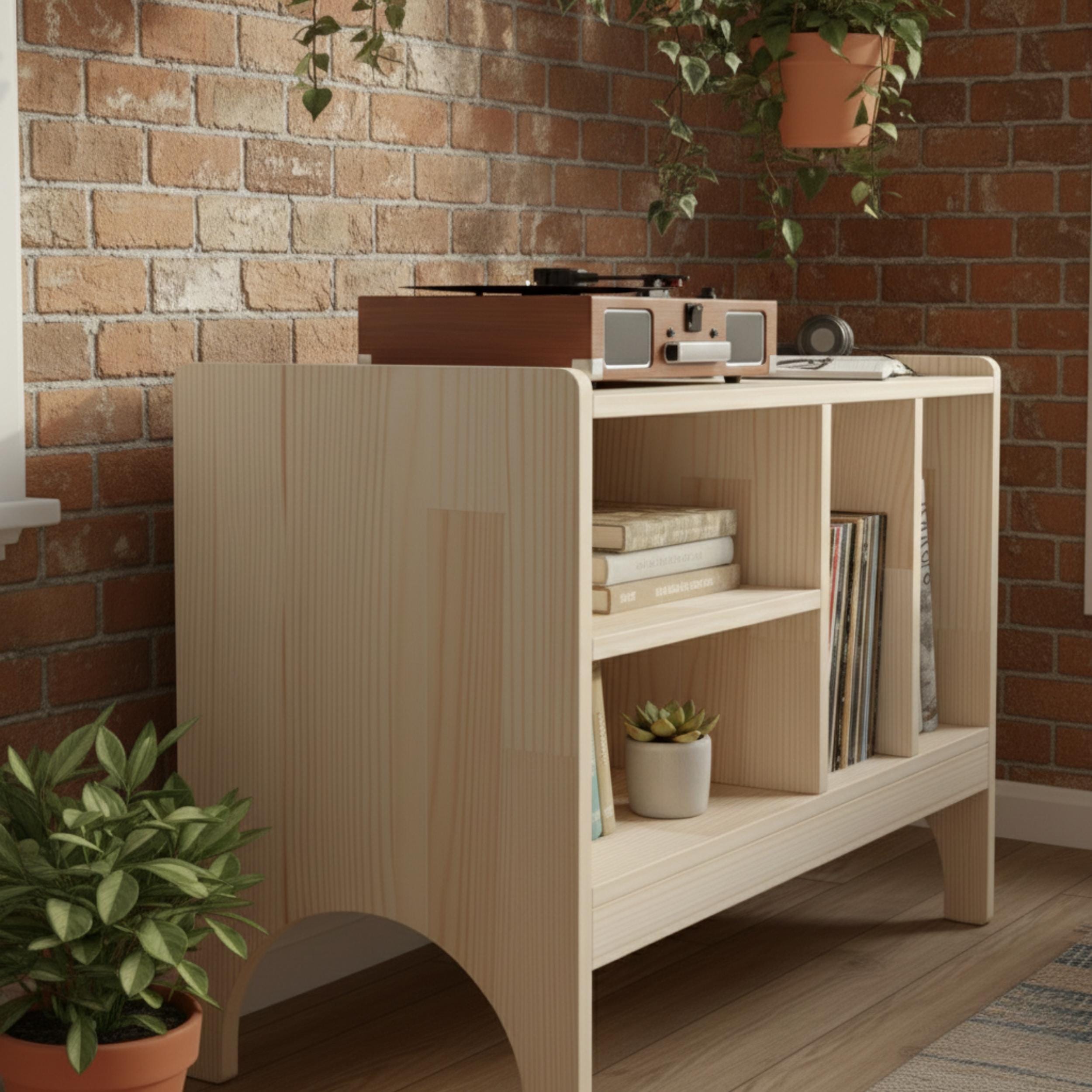 Masif Ahşap Plak Çalar Standı & Vinil Saklama Dolabı | Mid-Century Modern Ses Sistemi Rafı