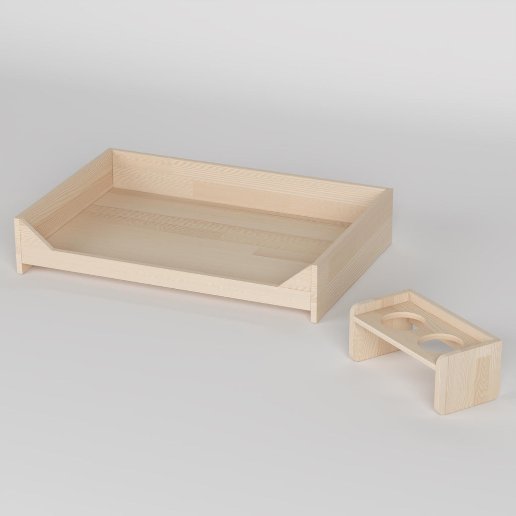 Ahşap Köpek Yatağı & Yükseltilmiş Mama Kabı Seti | Masif Çam Evcil Hayvan Mobilyası