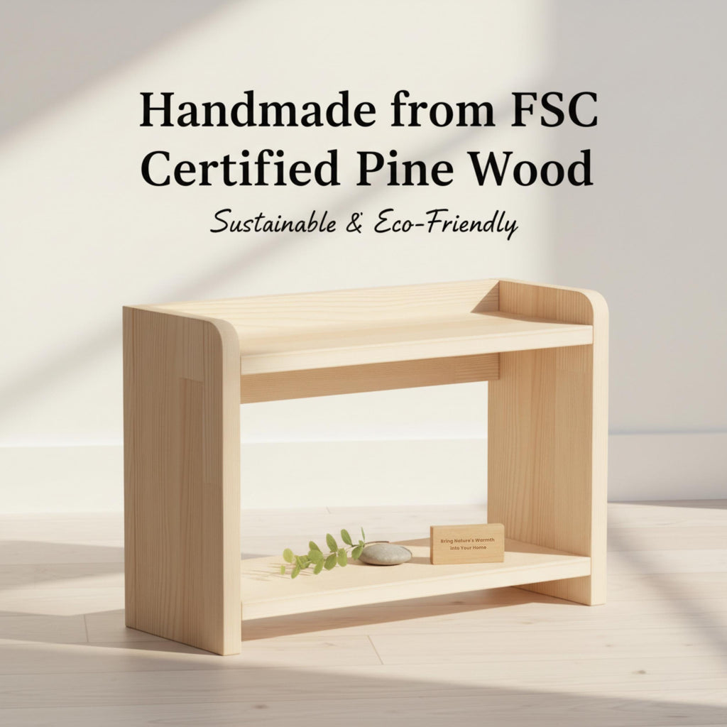 Ahşap Sergileme Rafı & Kitaplık | Japandi Tarzı Bitki Standı | Minimalist Masif Çam Raf