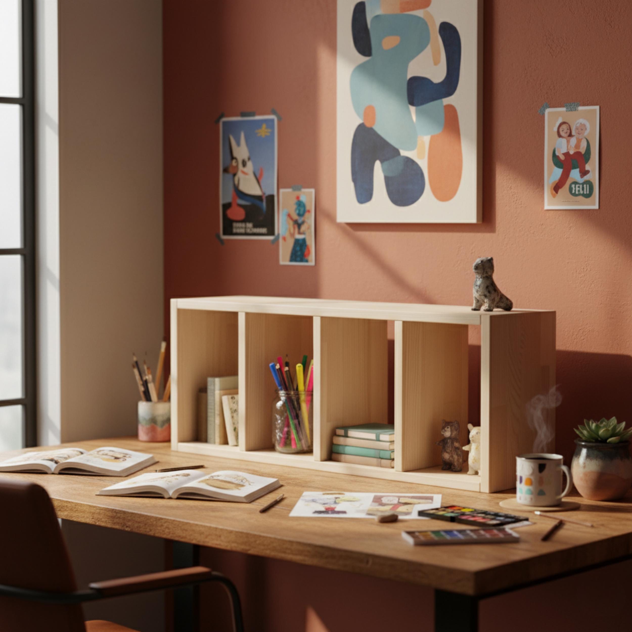 Solid Pine Wood Desk Shelf | Minimalist Bookshelf | Eco-Friendly Workspace Organizer | Japandi Desk Storage