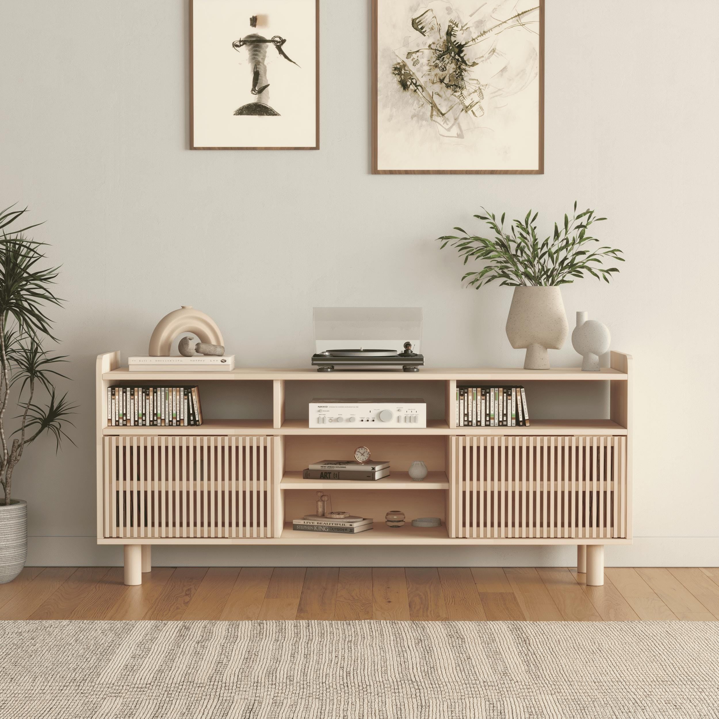 Solid Pine TV Stand & Record Player Console, Handmade, Natural or Varnished Finish, Customizable.