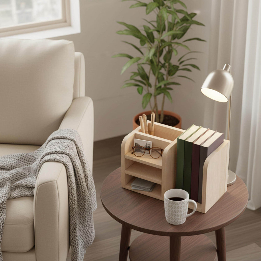 El Yapımı Ahşap Masaüstü Kitaplığı | İskandinav Tarzı Çalışma Masası Düzenleyici