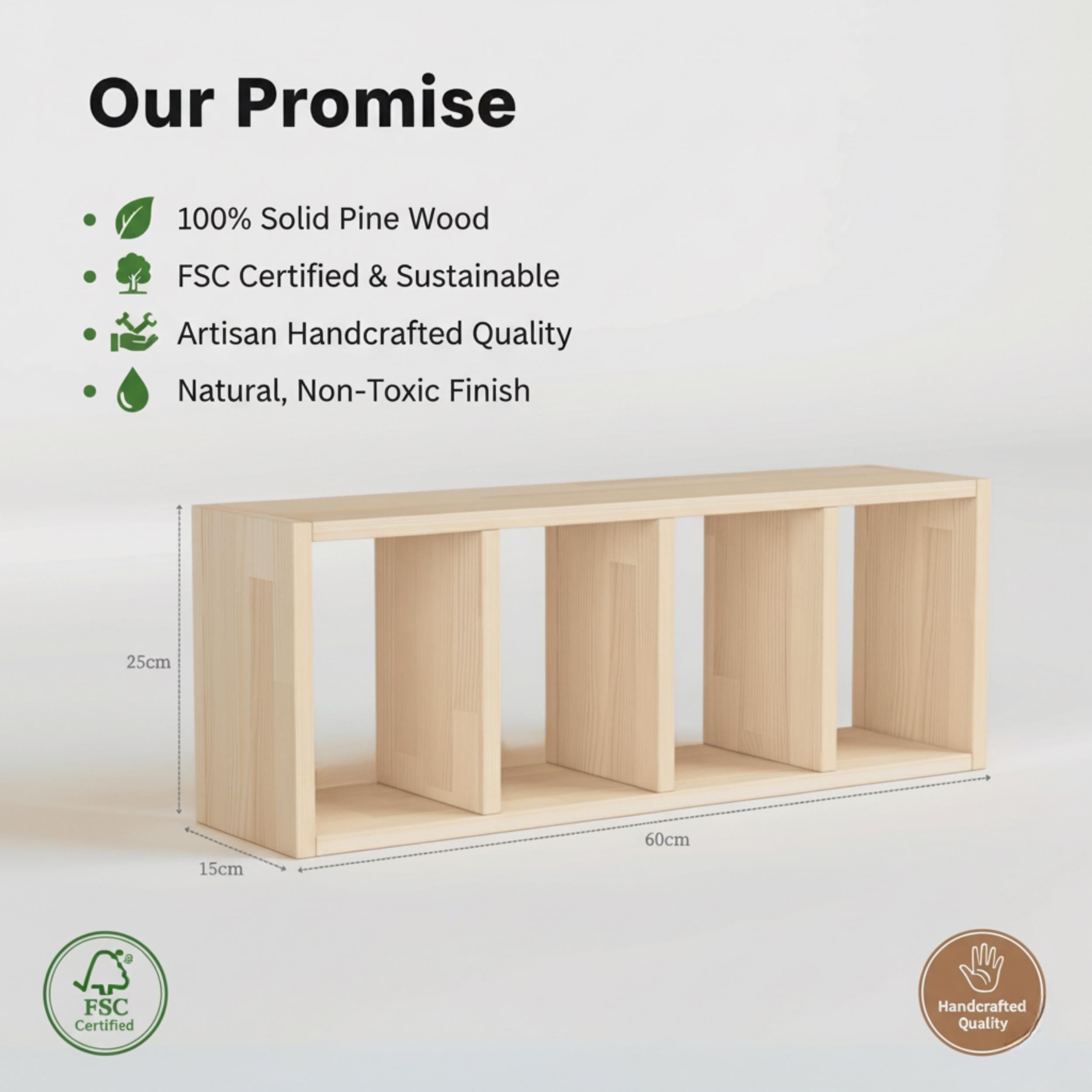 Solid Pine Wood Desk Shelf | Minimalist Bookshelf | Eco-Friendly Workspace Organizer | Japandi Desk Storage