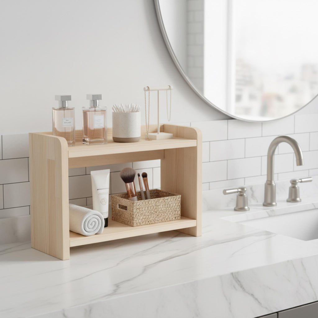 Ahşap Sergileme Rafı & Kitaplık | Japandi Tarzı Bitki Standı | Minimalist Masif Çam Raf