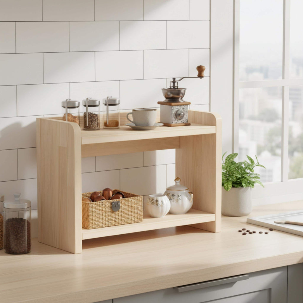 Ahşap Sergileme Rafı & Kitaplık | Japandi Tarzı Bitki Standı | Minimalist Masif Çam Raf