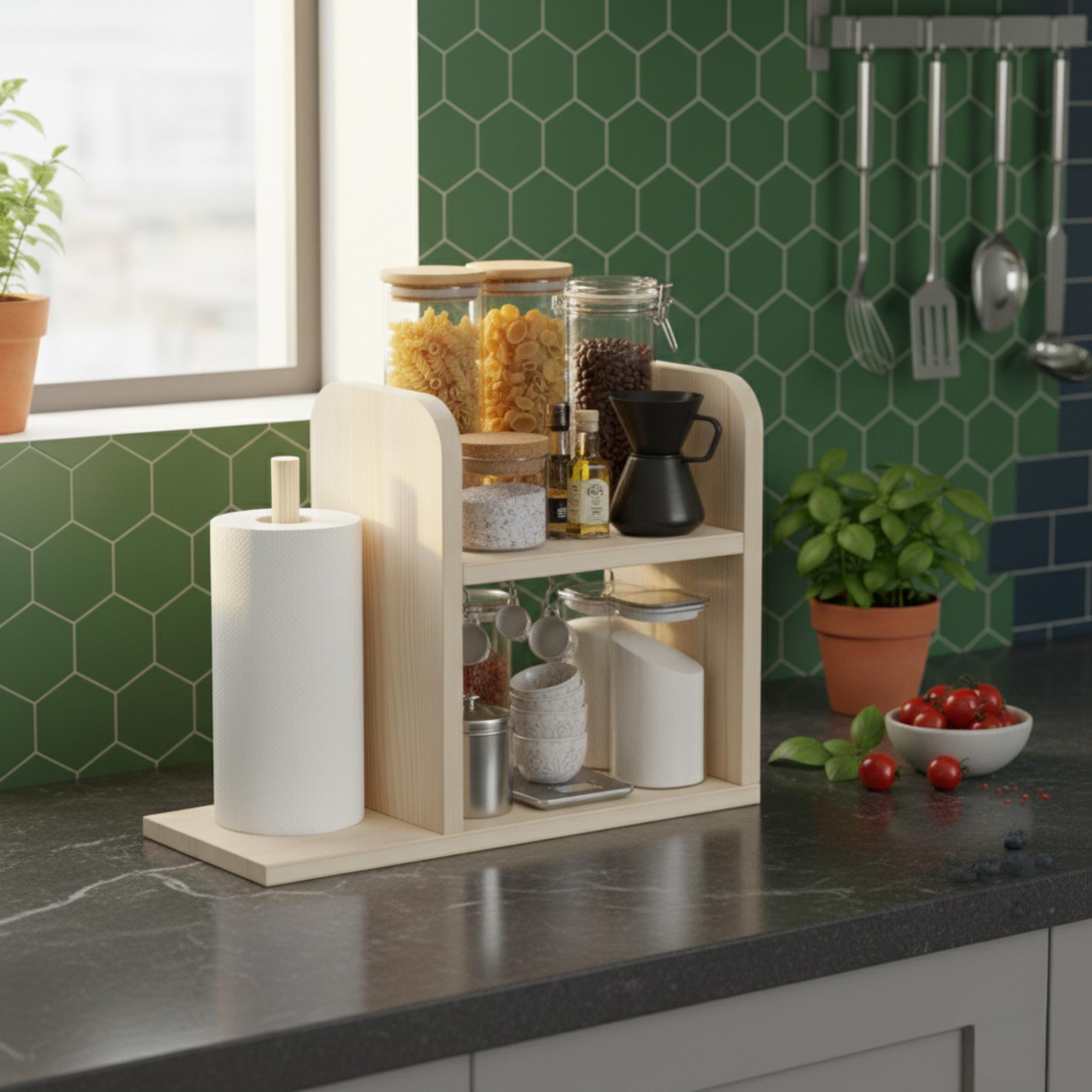 Ahşap Baharat Rafı & Kağıt Havluluk | Mutfak Düzenleyici | İskandinav Tarzı Çam Raf