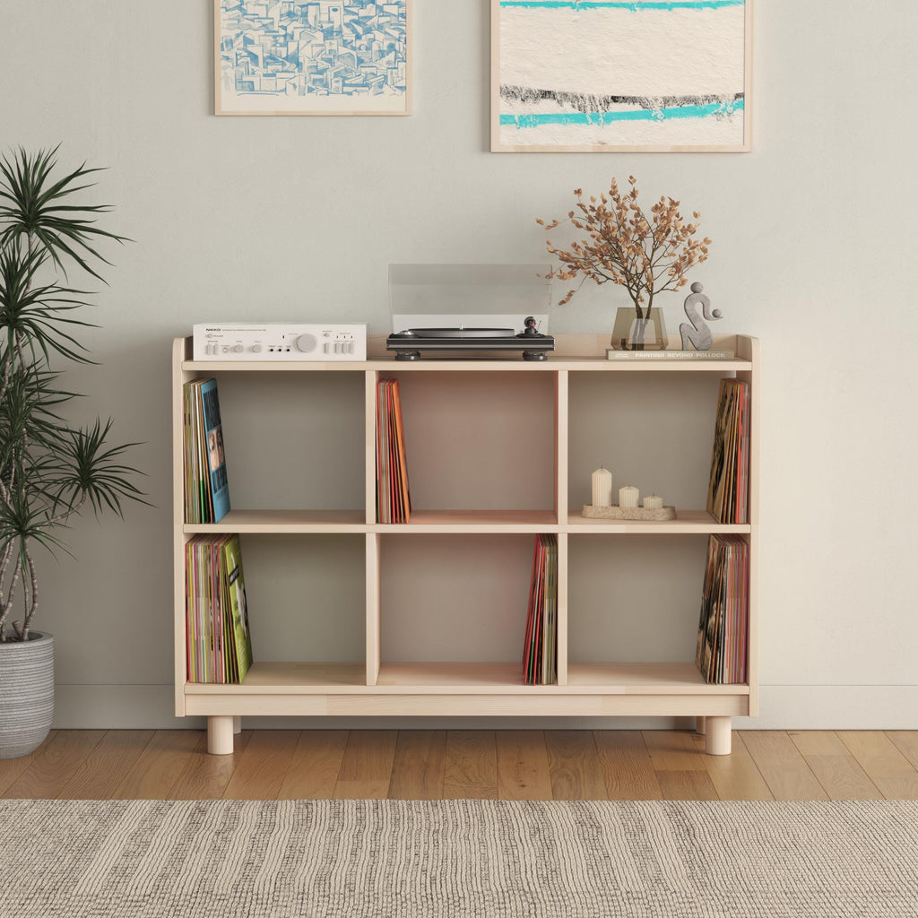 Ahşap Vinil Saklama Konsolu & Kitaplık | Modern Plak Çalar Standı | Masif Çam Sergileme Rafı