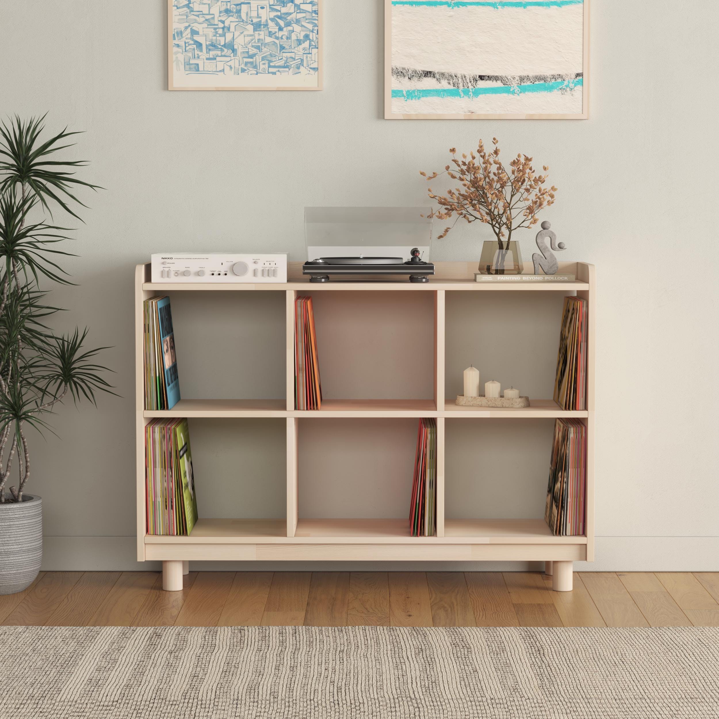 Ahşap Vinil Saklama Konsolu & Kitaplık | Modern Plak Çalar Standı | Masif Çam Sergileme Rafı