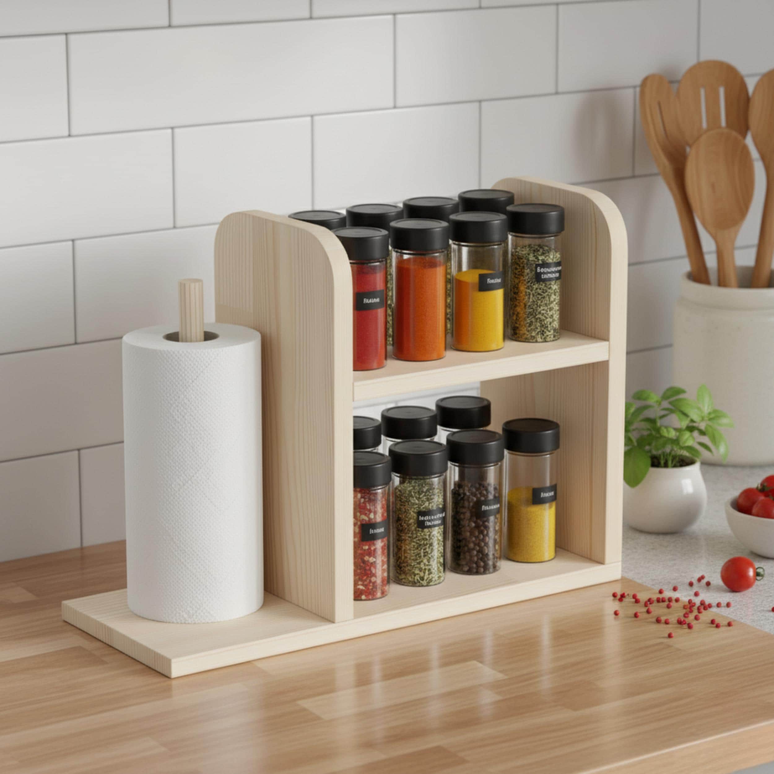 Ahşap Baharat Rafı & Kağıt Havluluk | Mutfak Düzenleyici | İskandinav Tarzı Çam Raf