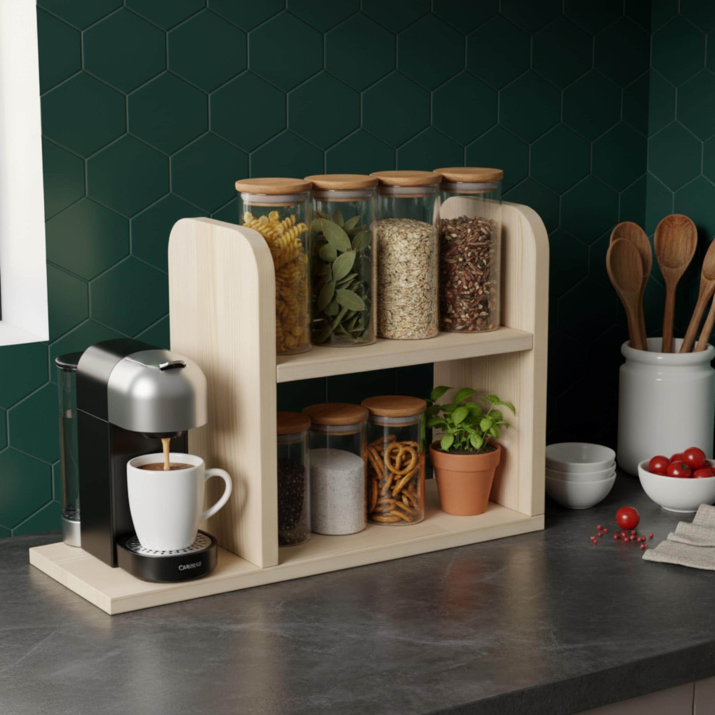 Ahşap Baharat Rafı & Kağıt Havluluk | Mutfak Düzenleyici | İskandinav Tarzı Çam Raf