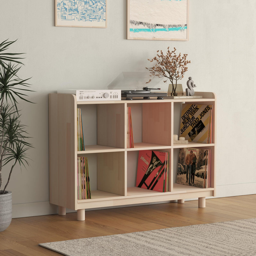 Ahşap Vinil Saklama Konsolu & Kitaplık | Modern Plak Çalar Standı | Masif Çam Sergileme Rafı
