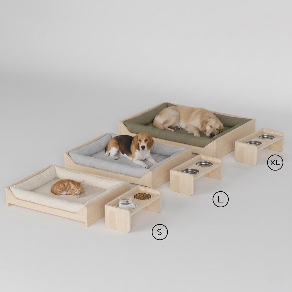 Ahşap Köpek Yatağı & Yükseltilmiş Mama Kabı Seti | Masif Çam Evcil Hayvan Mobilyası